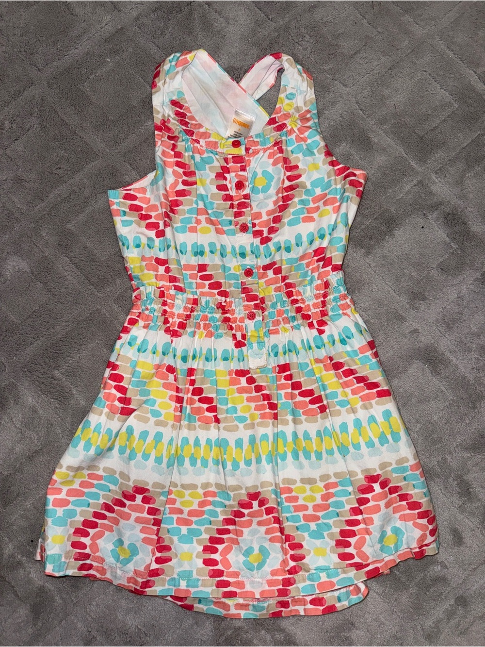 Gymboree White Dress with Red, Teal, Yellow & Tan Geometric Print 100% cotton